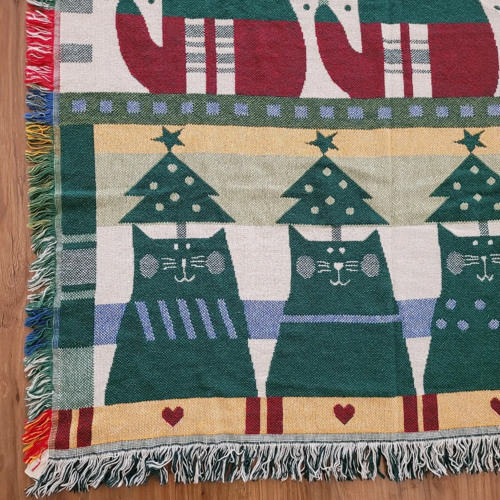 Crown Crafts Throw Blanket Noel Cats Pat Meyers Vintage Christmas Holiday NEW
